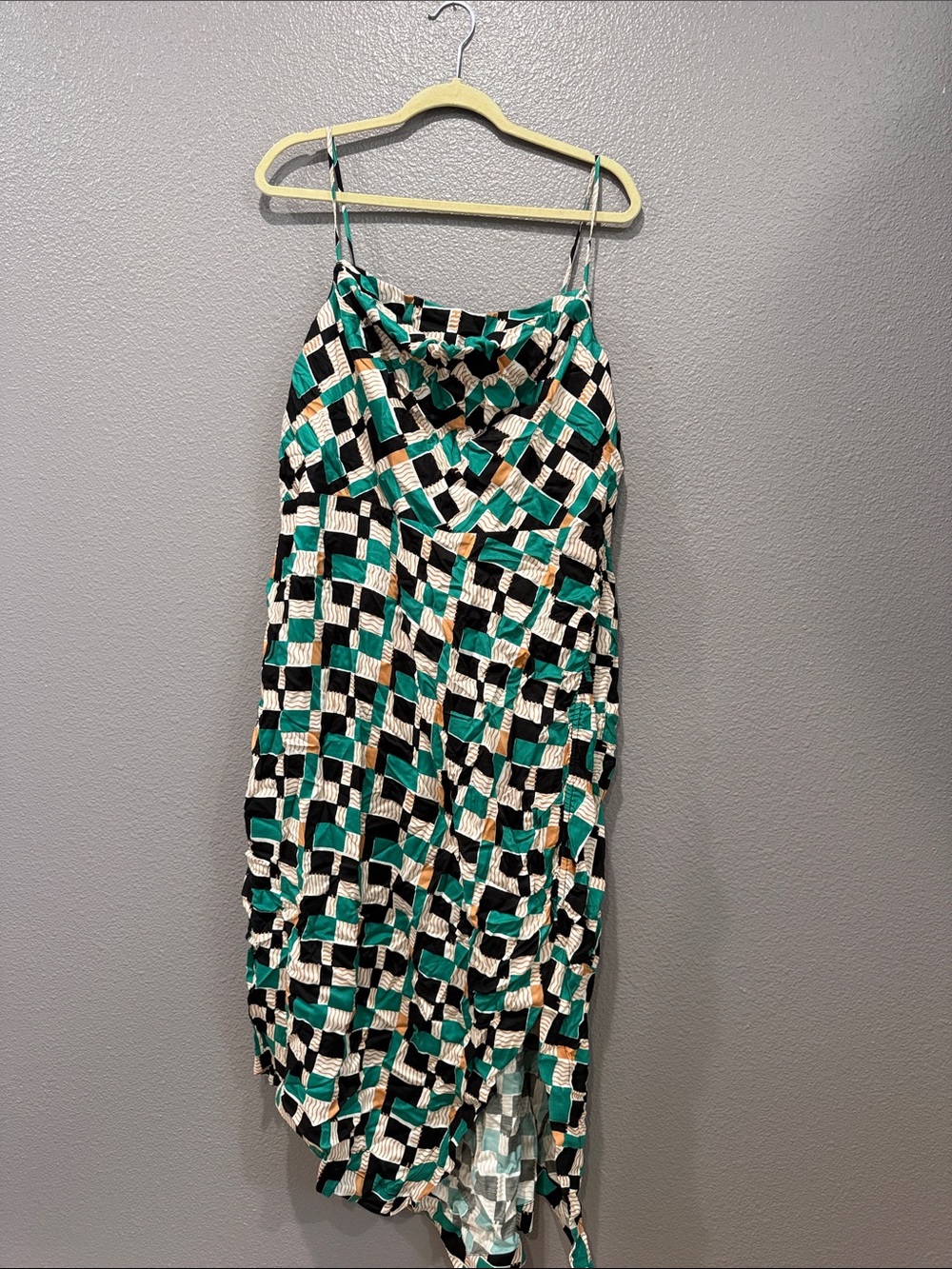 Anthropologie Sleeveless Geometric Print Slip Dress in Teal and Black mini
